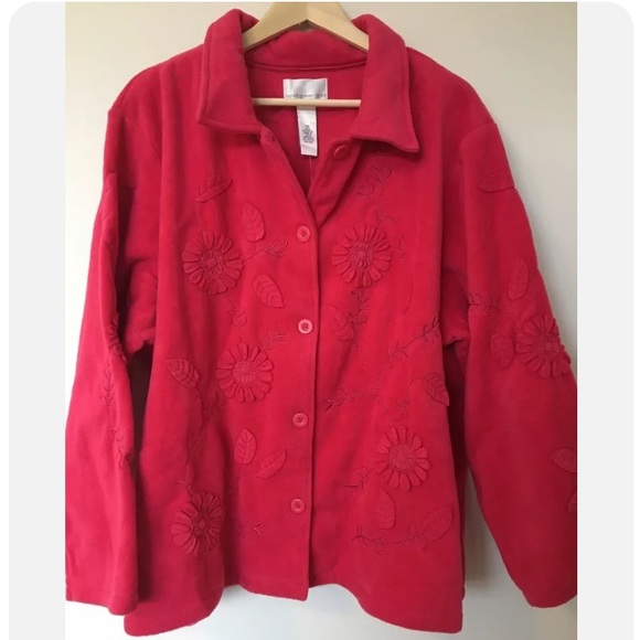 NWOT •Susan Graver•Fleece Jacket Button Down Front Flower Appliqué’s Ladies Med - Picture 4 of 9